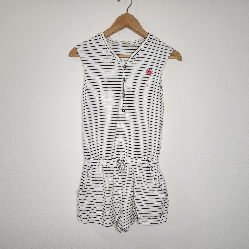 Roxy Girl XL Nautical White Blue Striped Button Romper Tie Waist Summer